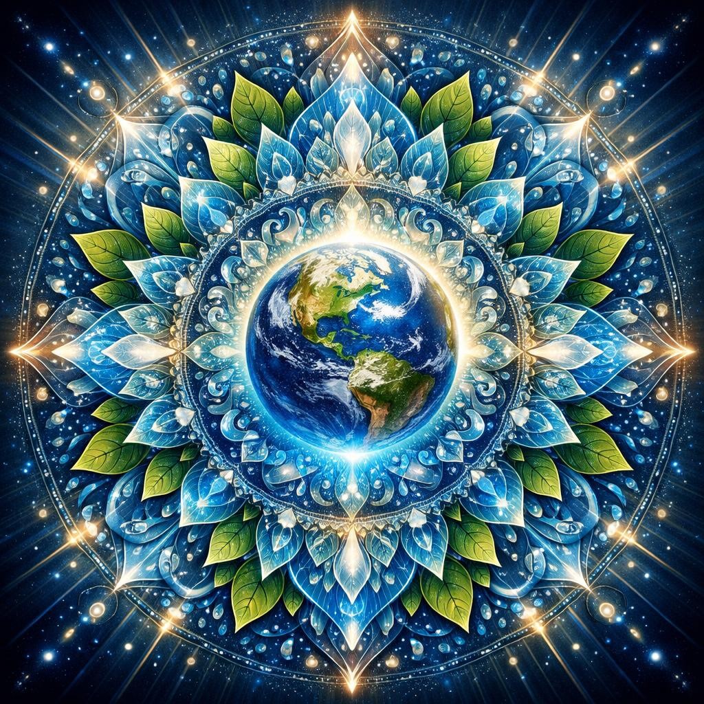 Earth centered mandala with green and blue leaves and glowing celestial elements