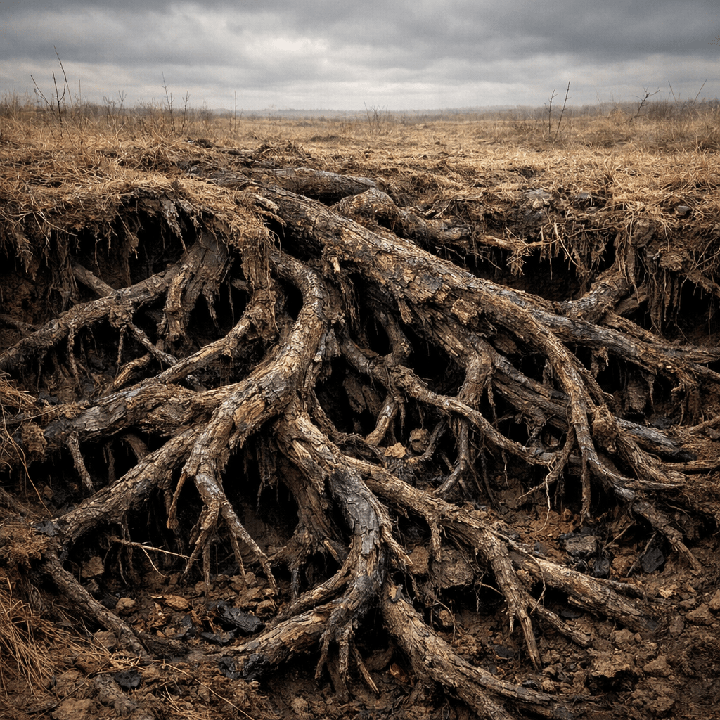Large exposed tree roots sprawling in dry soil beneath barren field and cloudy sky