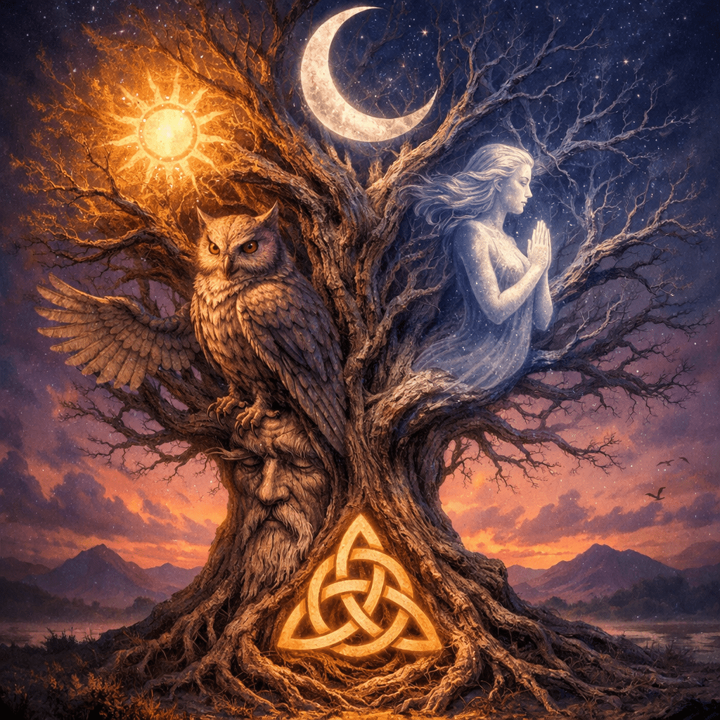 A gnarled tree with a glowing sun, crescent moon, an owl, a praying woman spirit, and a glowing triad symbol