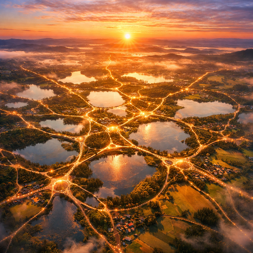Aerial view of lakes connected by illuminated roads at sunset with mist and distant hills