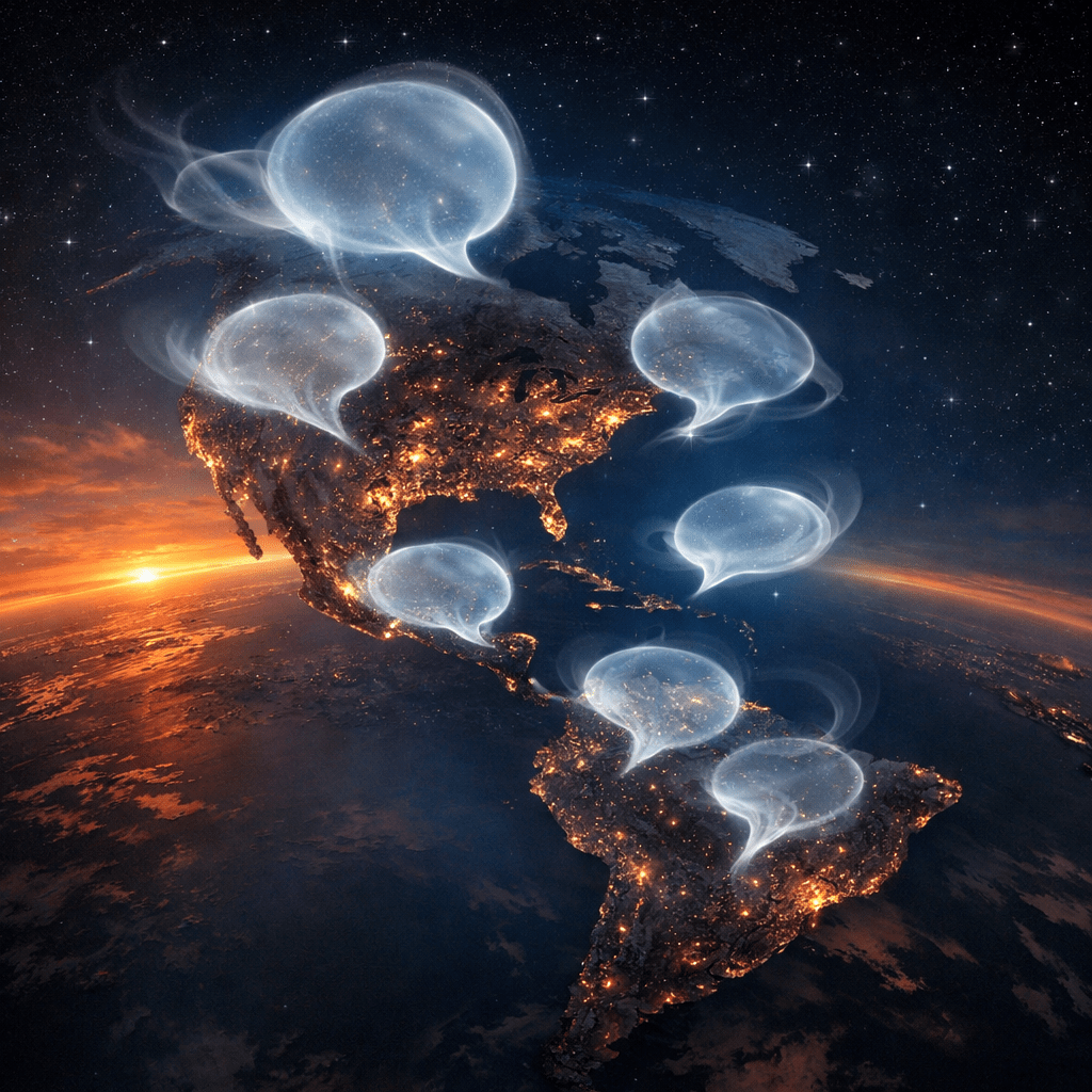 Earth at night showing the Americas with glowing speech bubbles illustrating communication