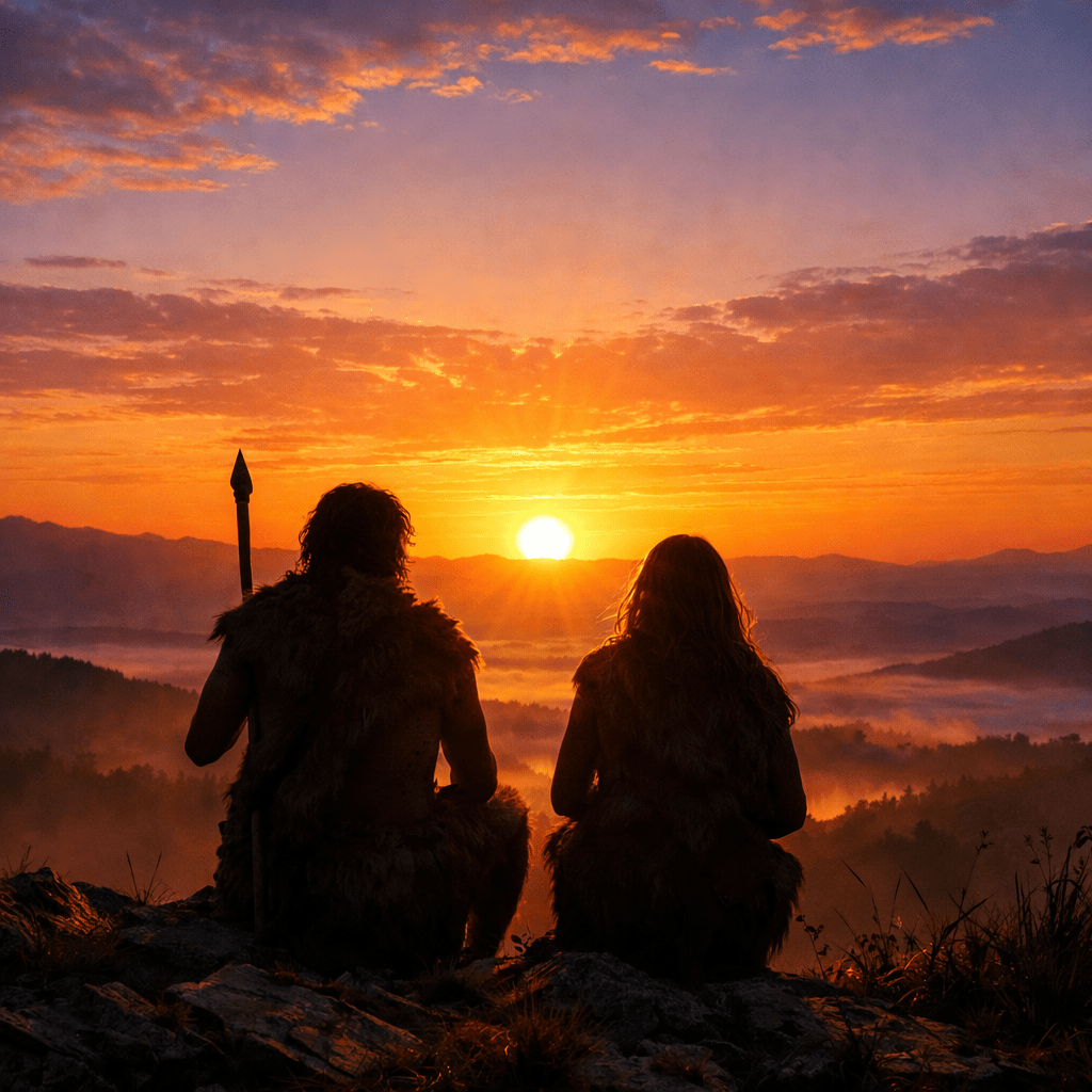 Two people sitting side by side on rocky ground watching the sunrise over mountains with mist