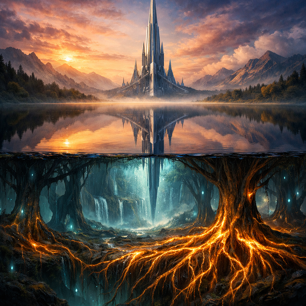 A tall futuristic fortress reflected in a lake with glowing tree roots and waterfalls under the water