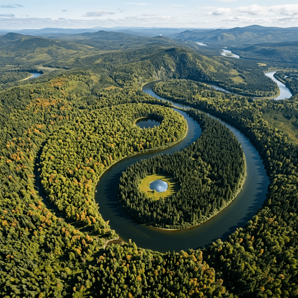A river meandering in a yin-yang shape surrounded by dense green forest and hills