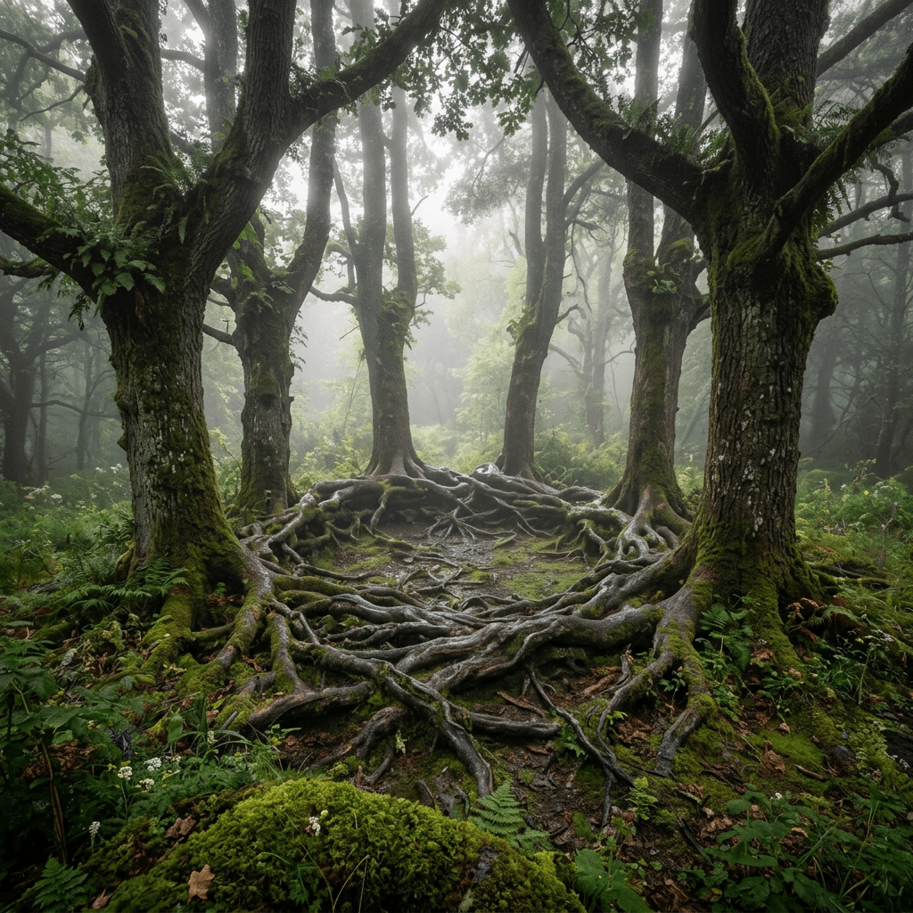 Foggy forest with large trees and intertwined exposed roots covered in moss