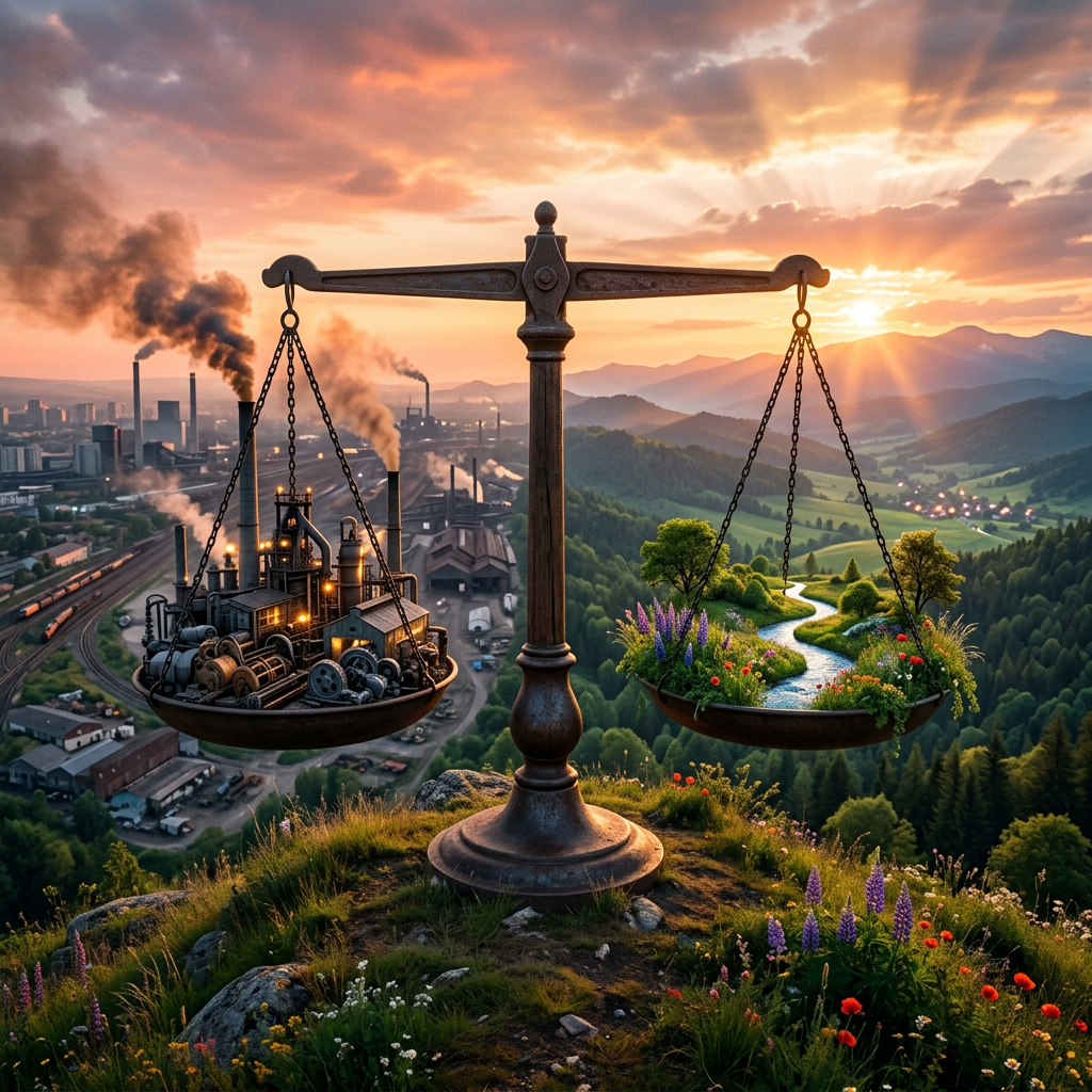 Balance scale with factory pollution on one side and beautiful landscape on the other