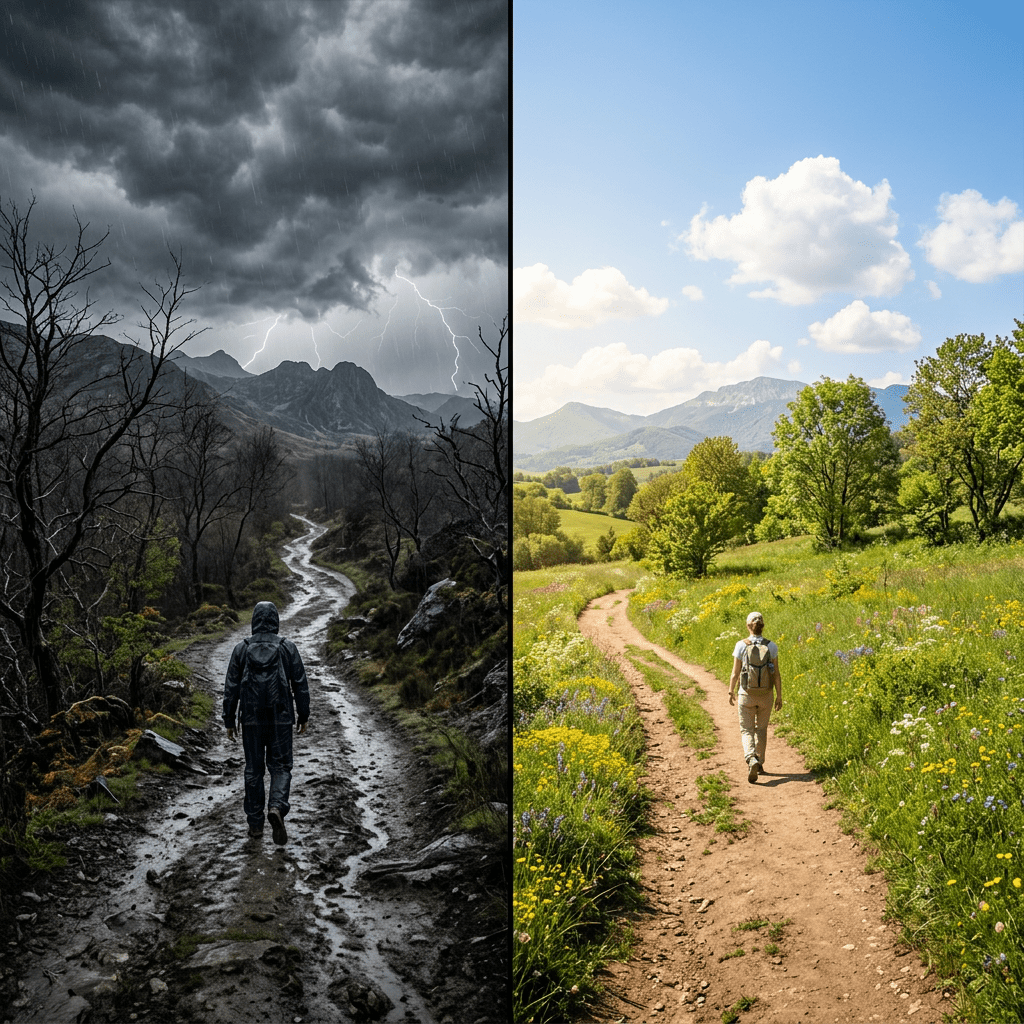 One hiker on a muddy path in a storm with lightning; another on a sunny path through wildflowers