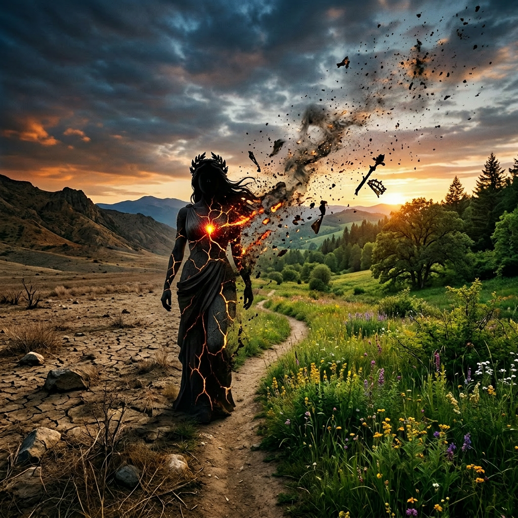 Silhouette of a person dissolving into particles between dry cracked ground and a colorful flower-filled meadow at sunset