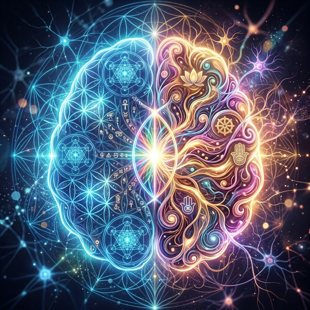 Digital left brain half with circuits and organic right brain half with swirling neurons