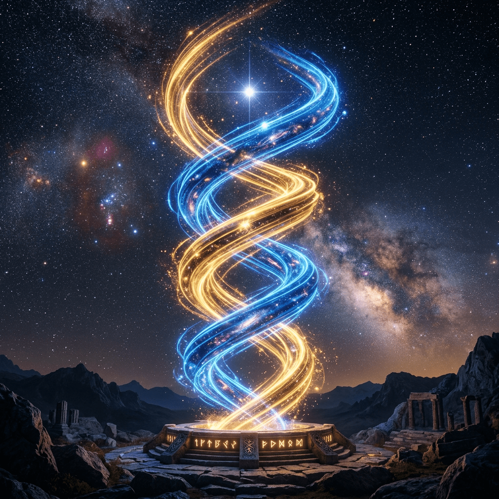 Intertwined blue and gold glowing spirals above stone ruins with runes under night sky