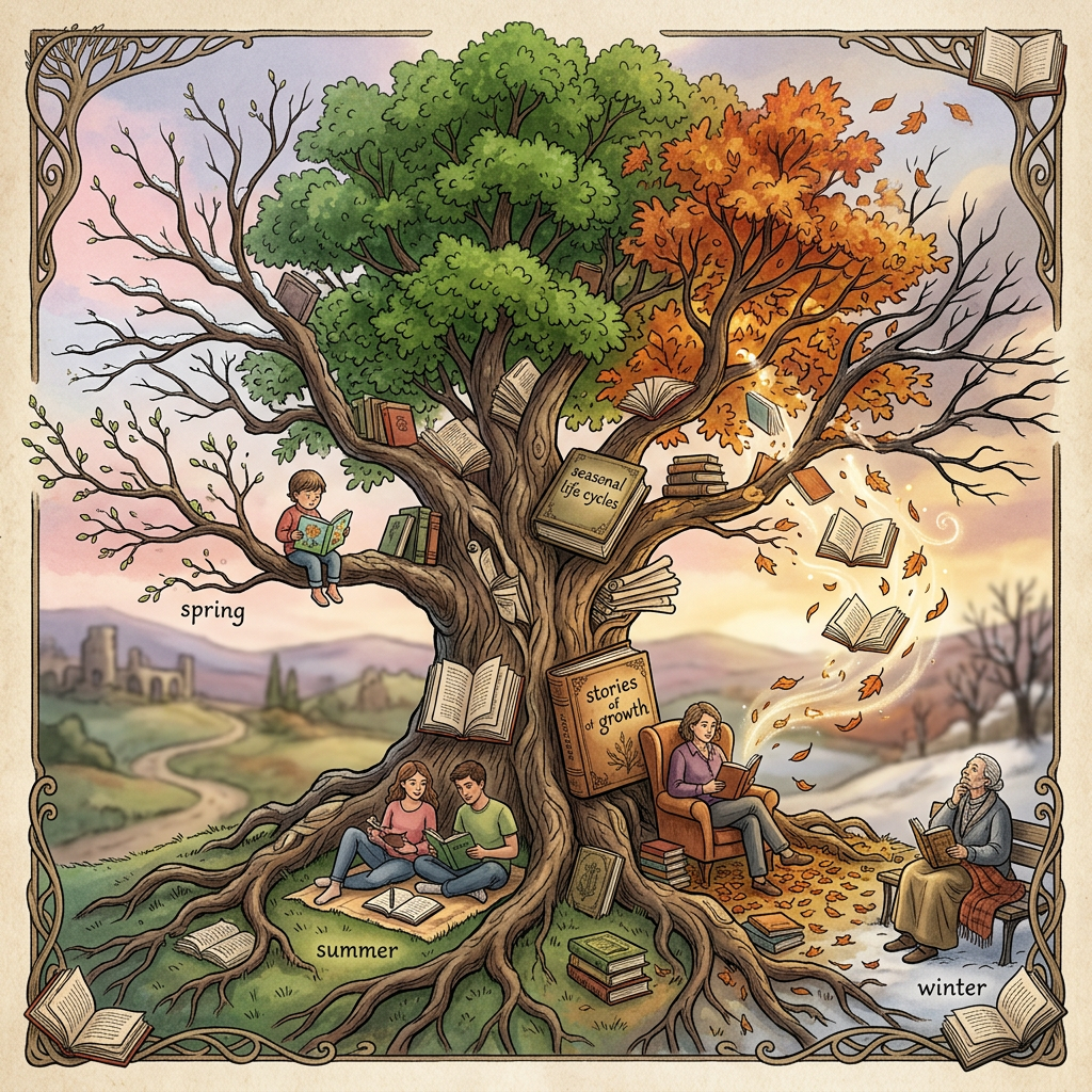 Tree showing spring, summer, autumn, and winter with people reading books in each season