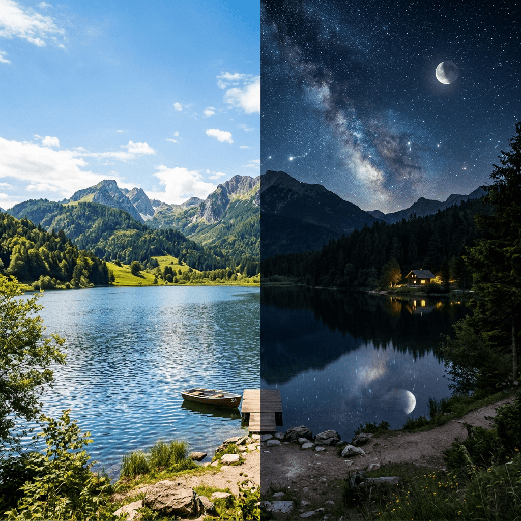 Mountain lake landscape with boat and dock during day and starry night with cabin and moon