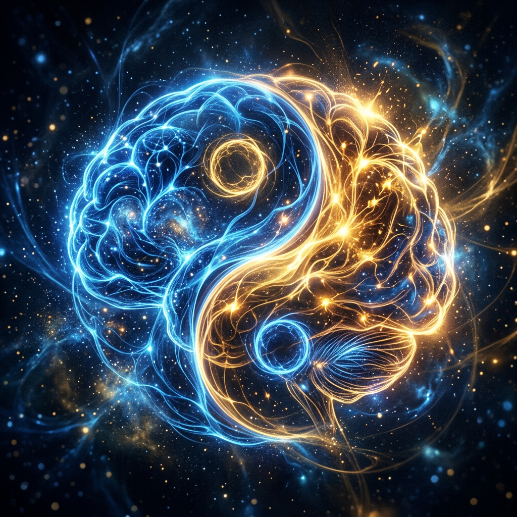 Yin Yang symbol created with intertwined blue and gold glowing brain neural patterns