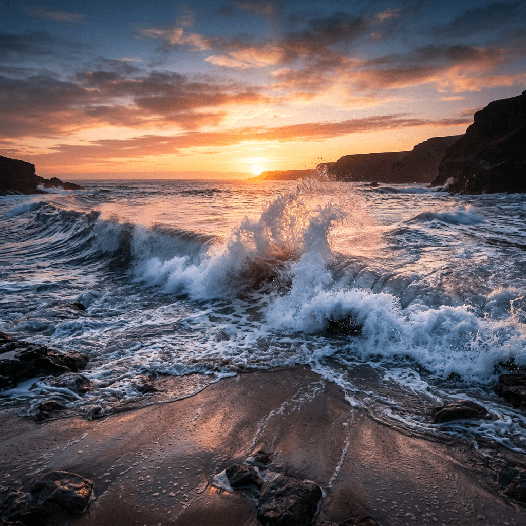 Sunset over ocean with waves breaking on rocky beach and cliffs