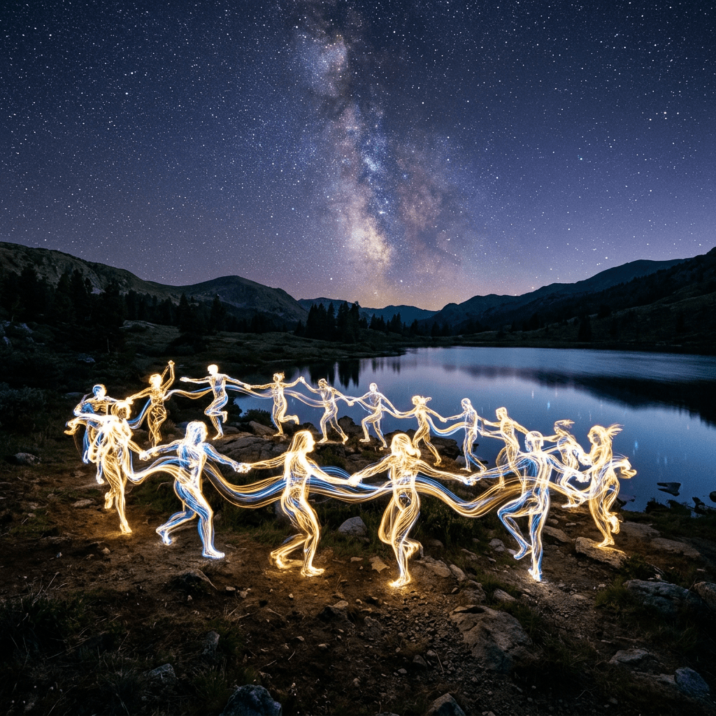 Light-painted human figures dancing in a circle near a lake under the Milky Way at night