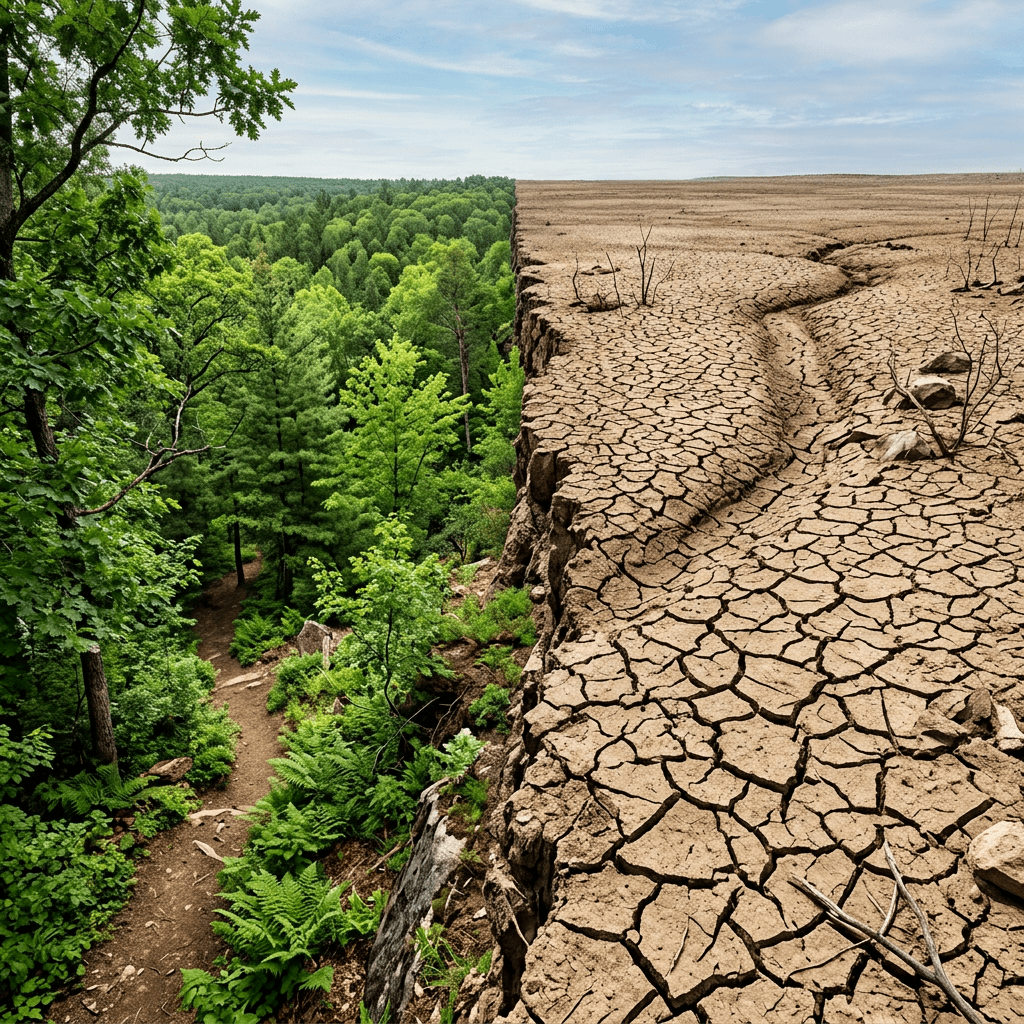 Lush green forest adjacent to cracked and dry barren land