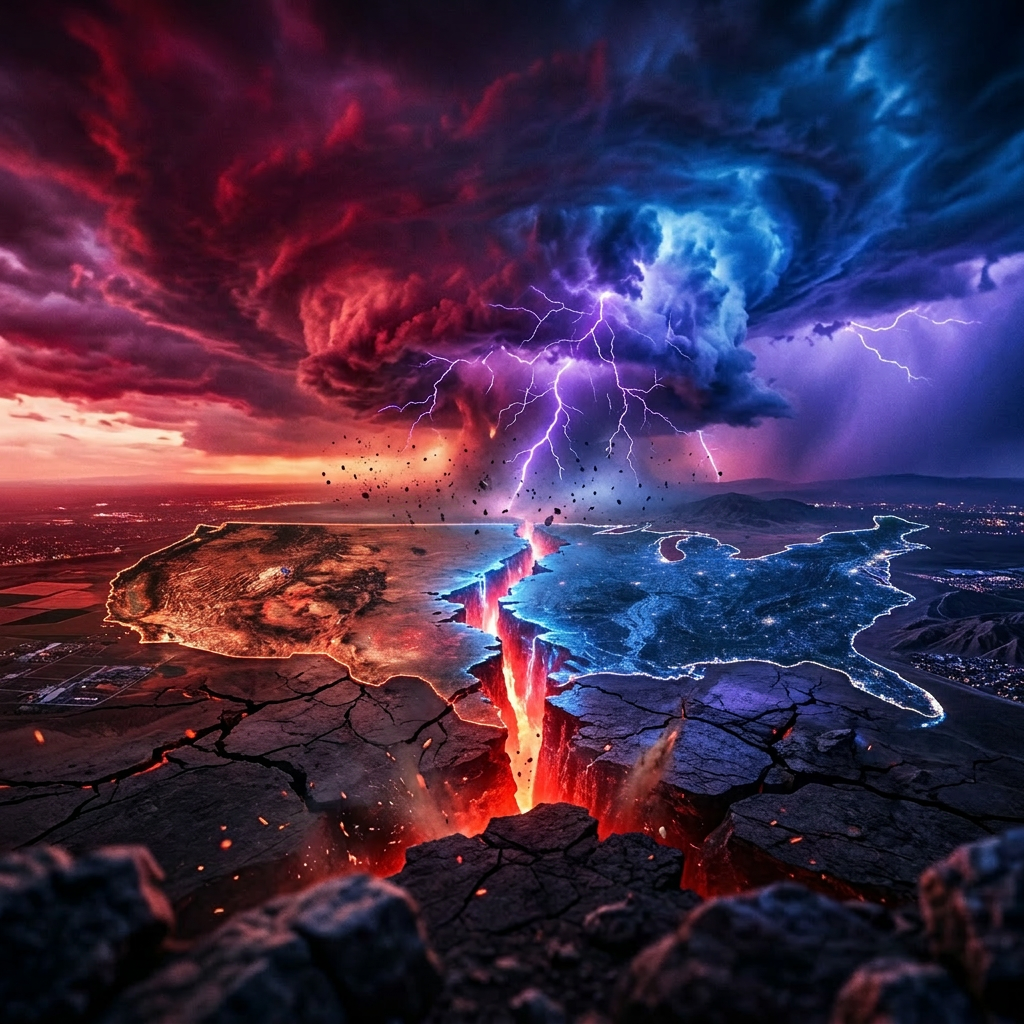 A massive glowing rift divides a continent with contrasting textures under a stormy sky with lightning