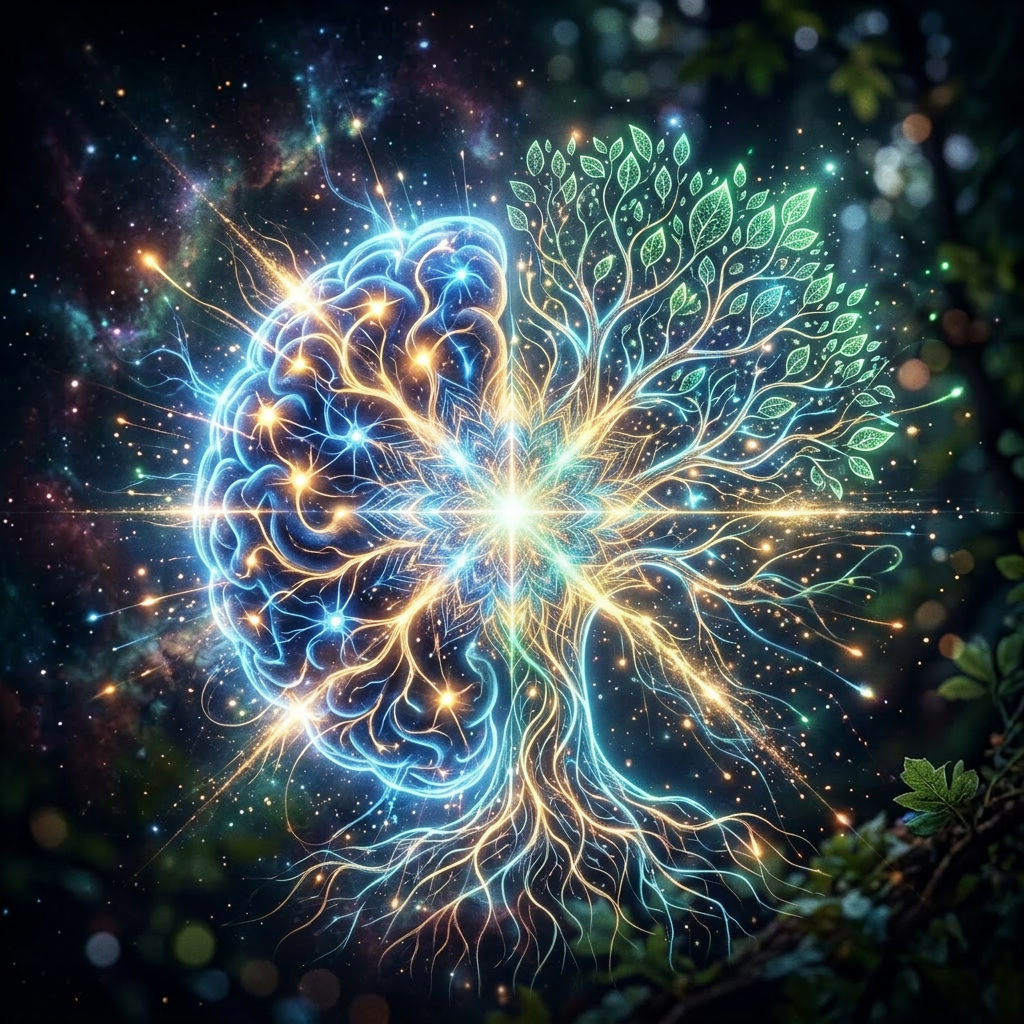Blue brain and green leaf glowing and merging with light connections