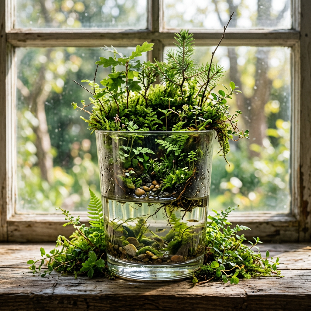 Glass container with layered moss, small plants, and pebbles on a rustic wooden windowsill