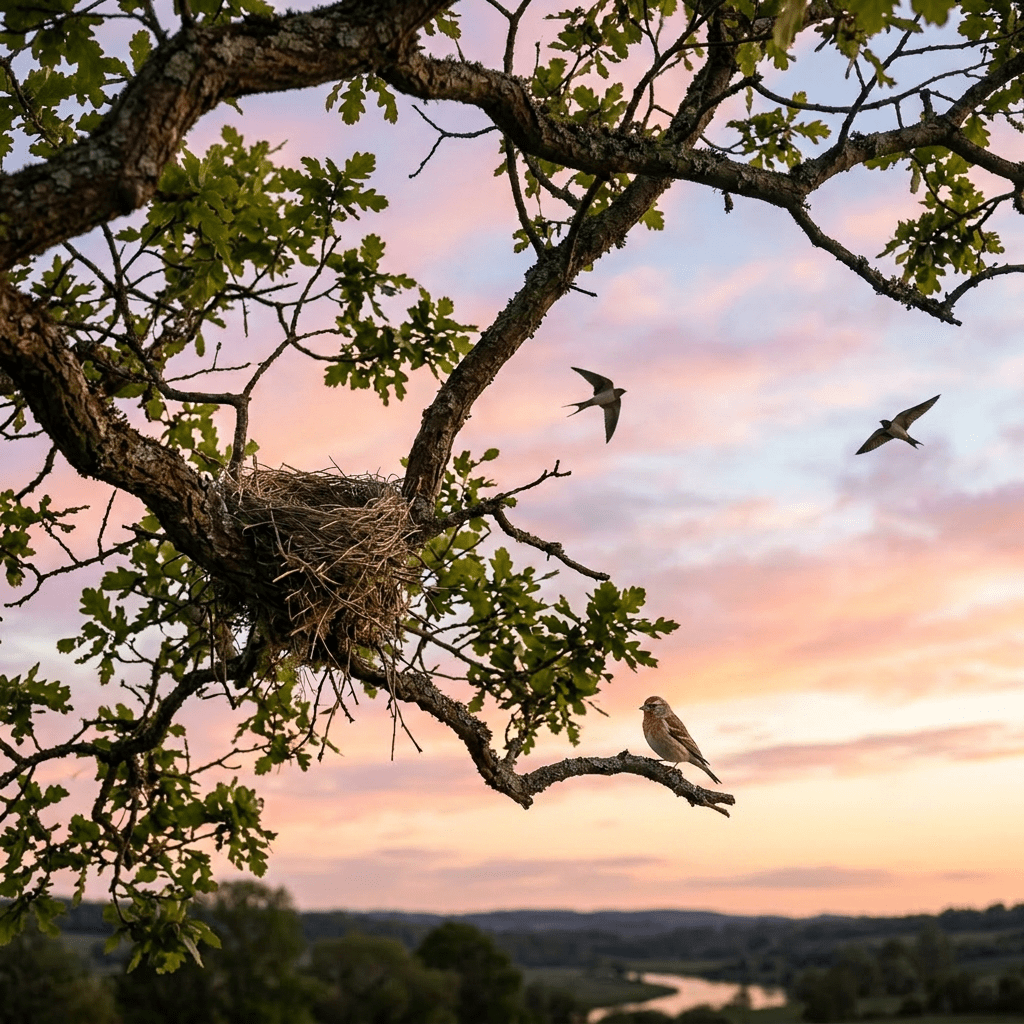 Nest with baby birds and adult birds flying at sunset