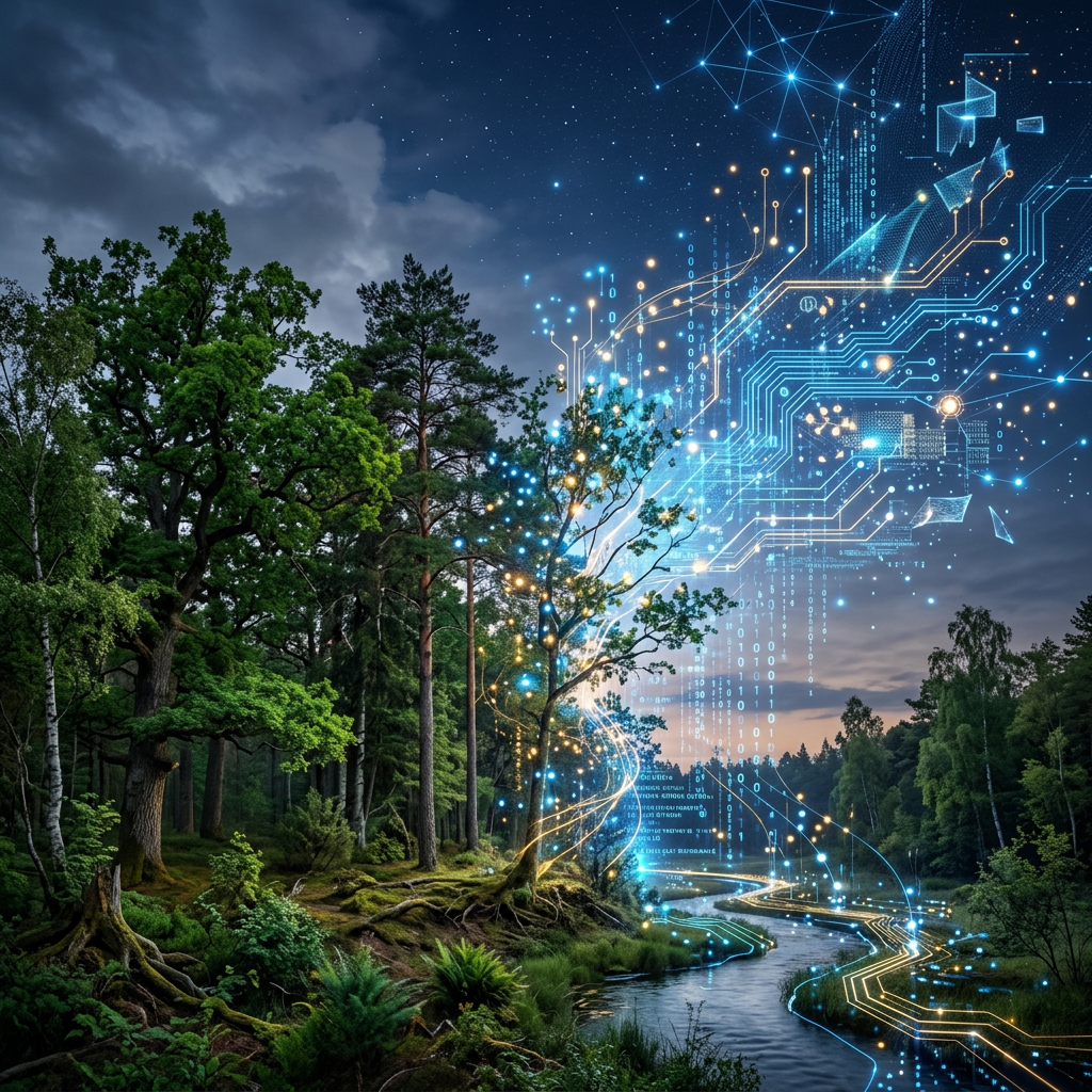 Forest with trees blending into digital lines and glowing circuit patterns