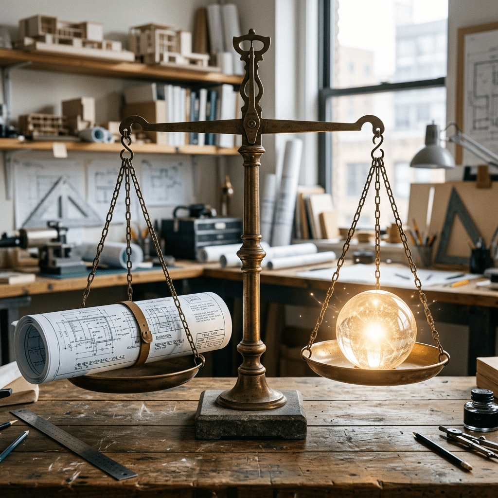 Vintage balance scale with blueprints on one side and glowing orb on the other