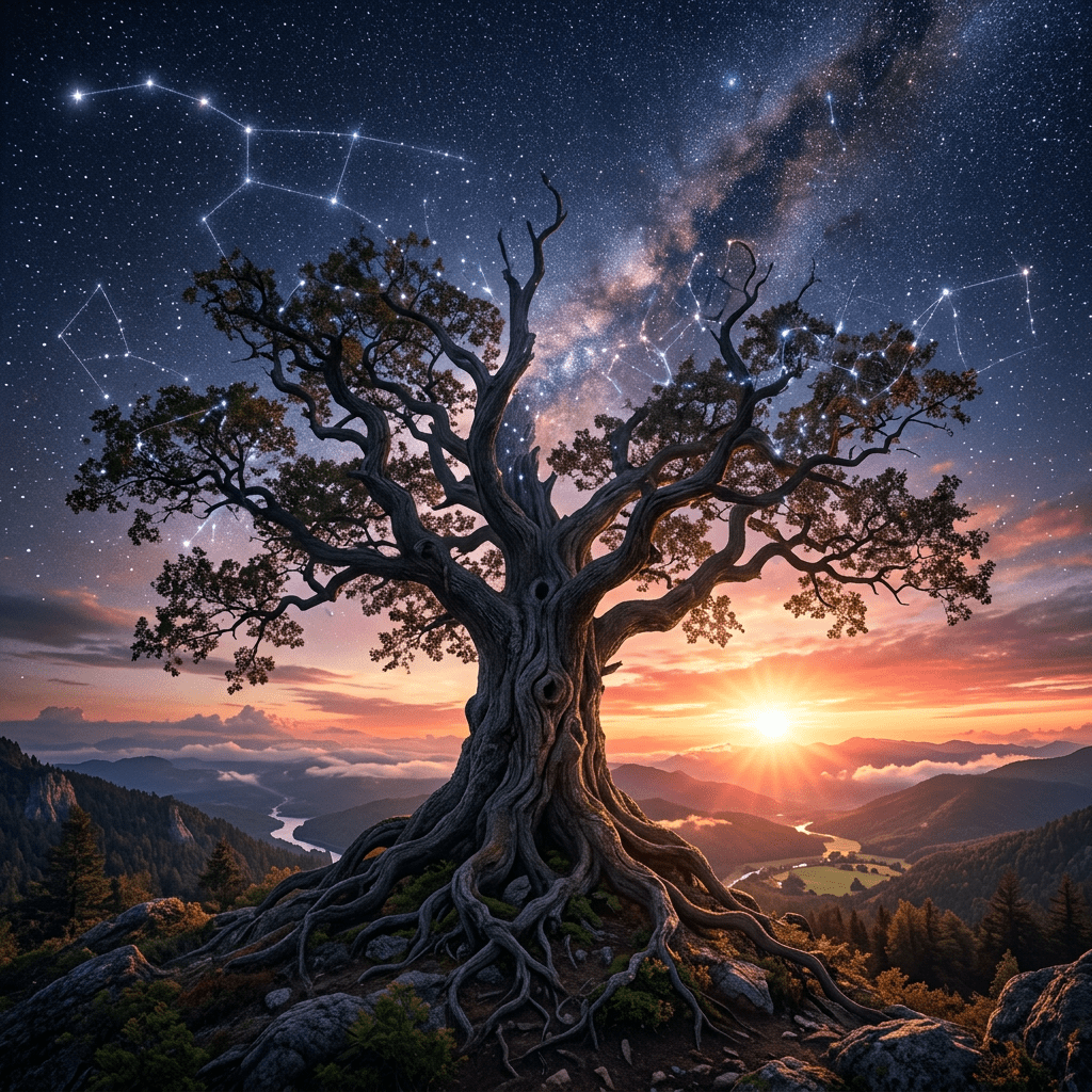 Ancient twisted tree on rocky hill with sunset and starry sky showing constellations