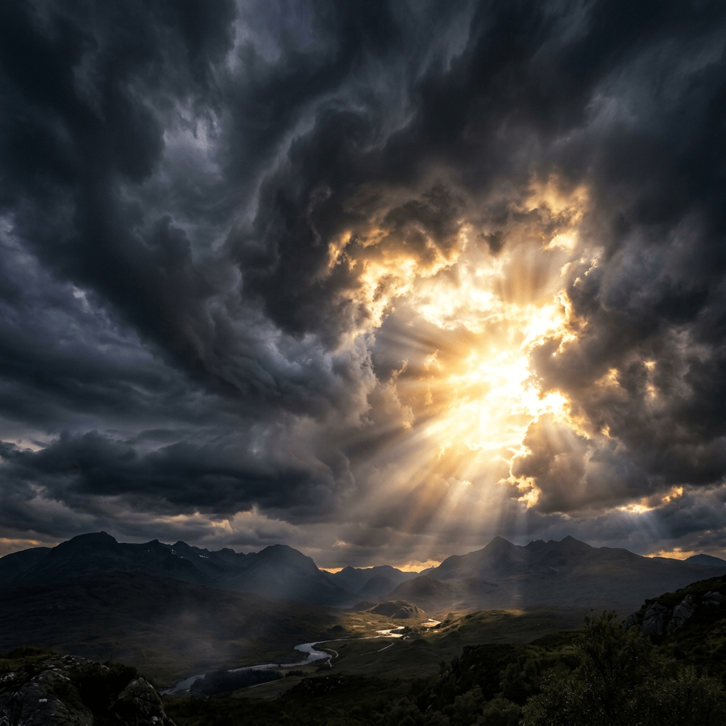 Sun rays breaking through dark storm clouds above a mountainous river valley