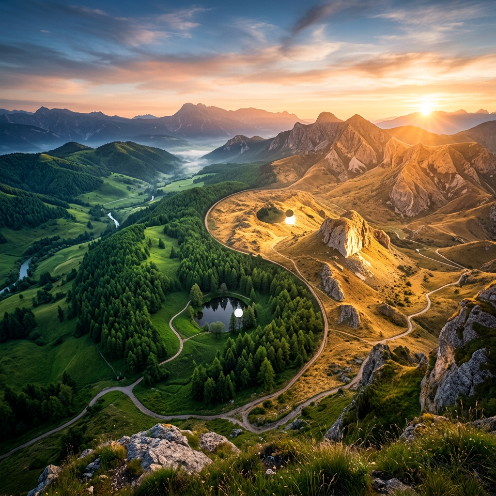 Mountain valley with green forests, rocky hills, winding paths, and a setting sun.