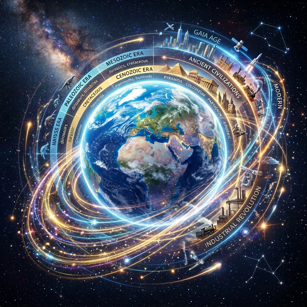 Earth surrounded by a timeline of geological eras, ancient civilizations, industrial revolution, and modern space age
