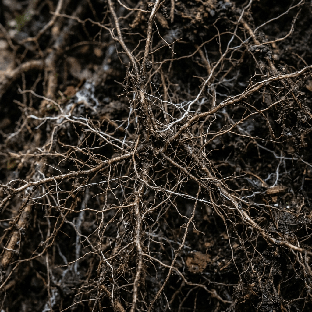 Delicate plant roots spreading through dark soil