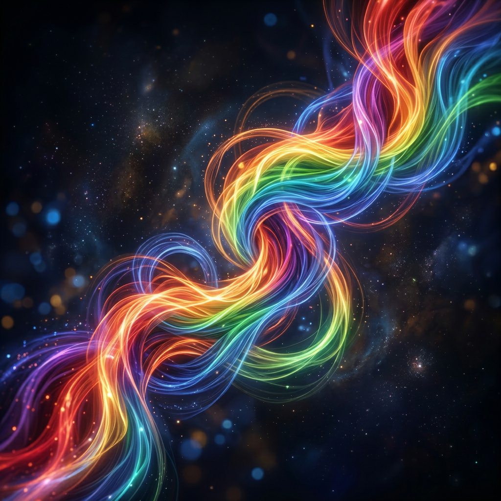 Glowing blue and gold interwoven strands of light against a dark cosmic background
