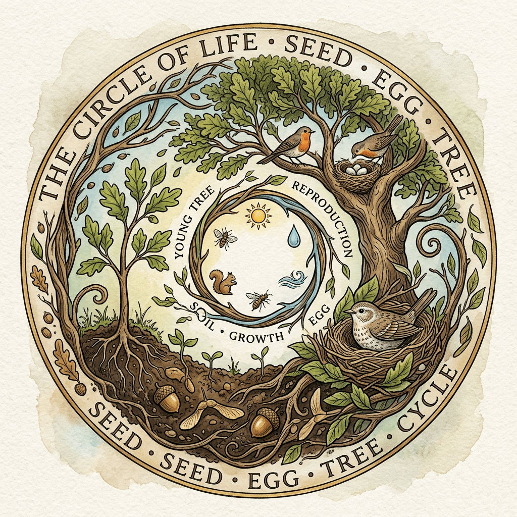 Illustration of the life cycle showing seeds growing into trees with birds and nests containing eggs in a circular pattern