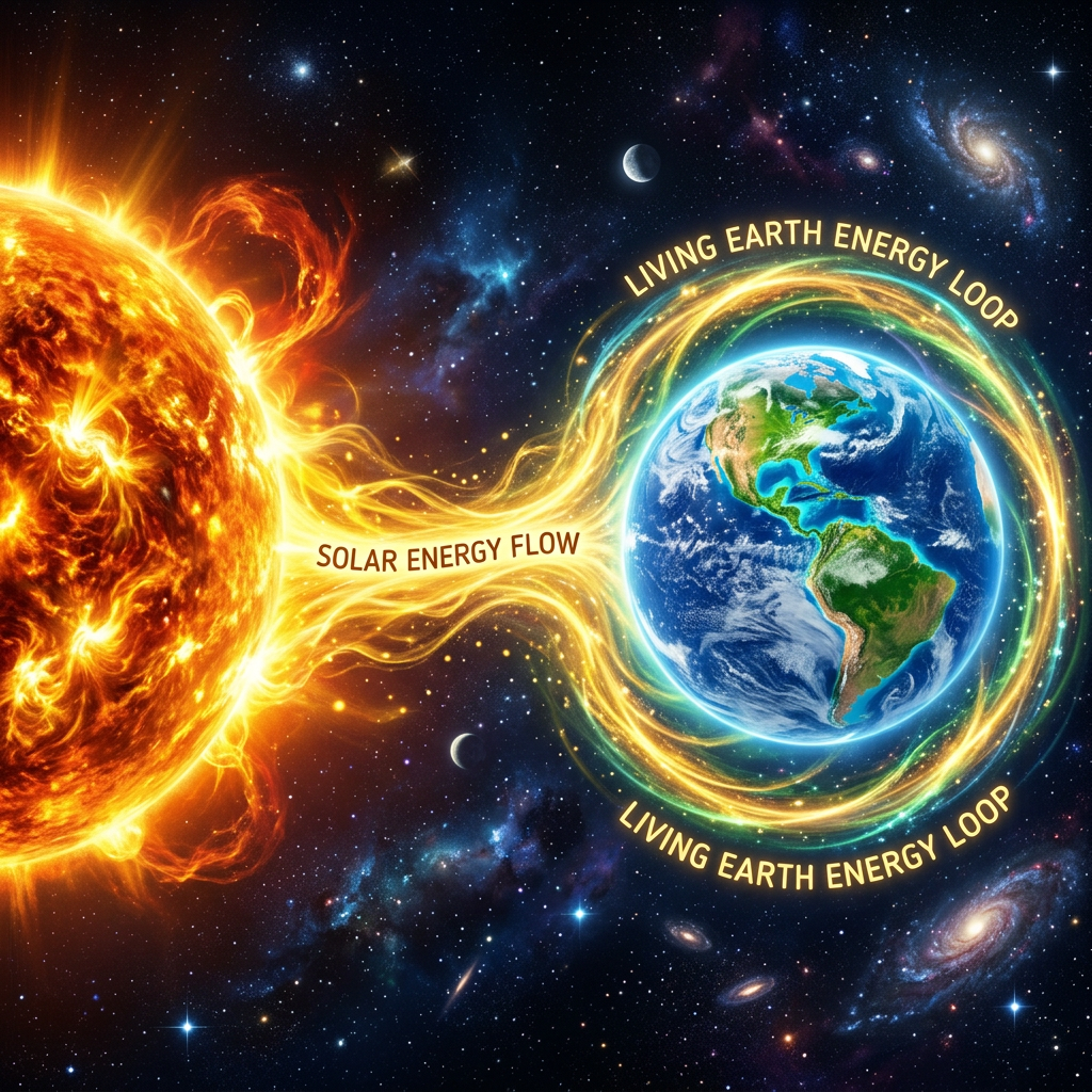 The Sun emitting solar energy flow toward Earth, which is surrounded by a glowing living Earth energy loop in space.