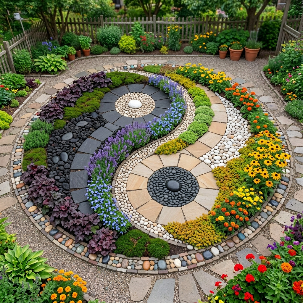 Spiral garden bed with diverse colorful flowers including purple, yellow, red, orange, and green foliage