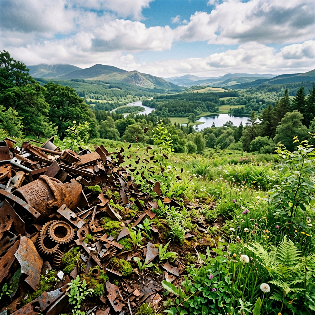 Pile of rusty metal parts on grass with green valley, trees, and river in background