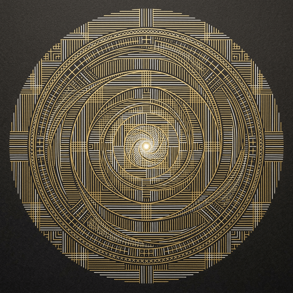 Circular geometric pattern with gold spiral lines on a dark background