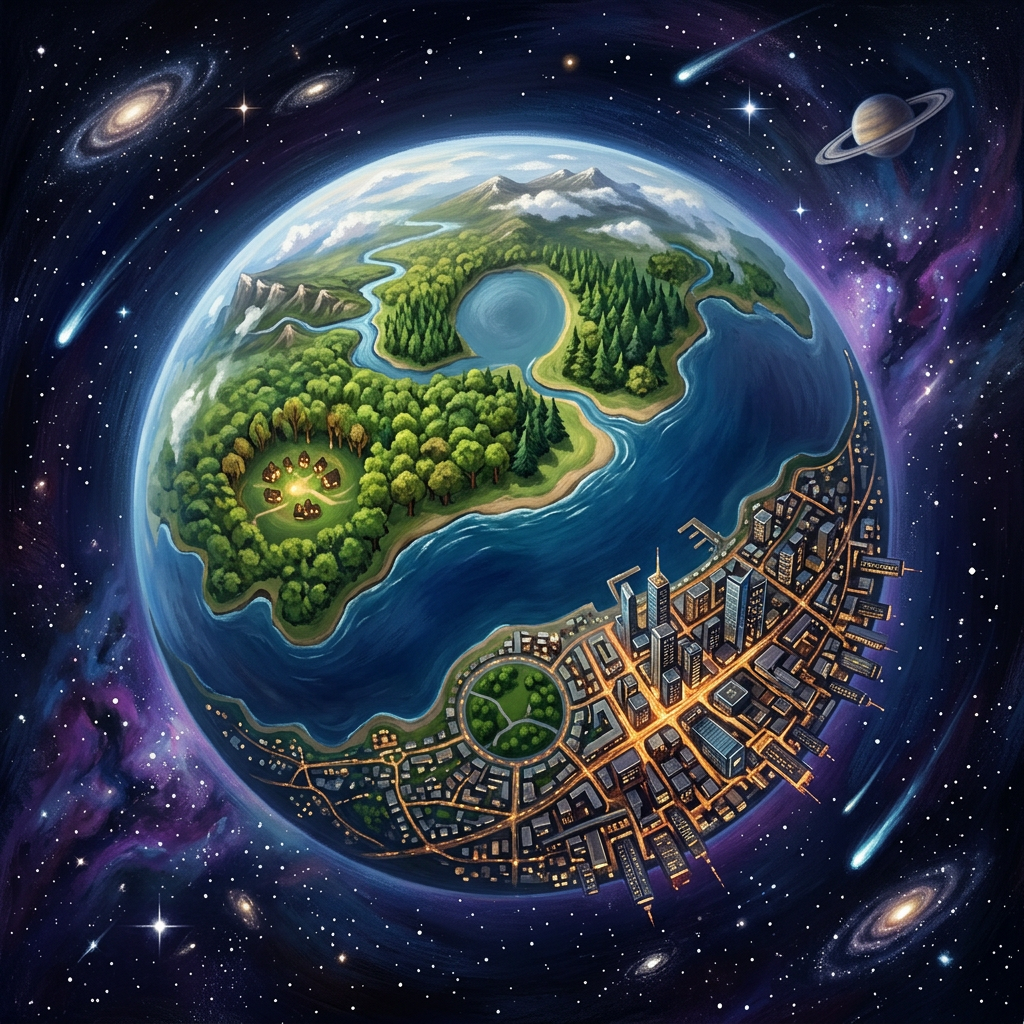 Stylized planet with forest, village, city, rivers, and mountains surrounded by stars and planets in space
