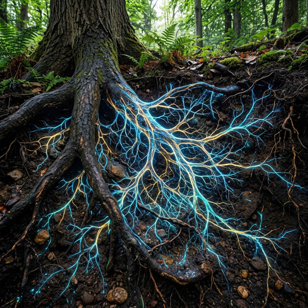 Tree roots underground with glowing blue and yellow branching networks