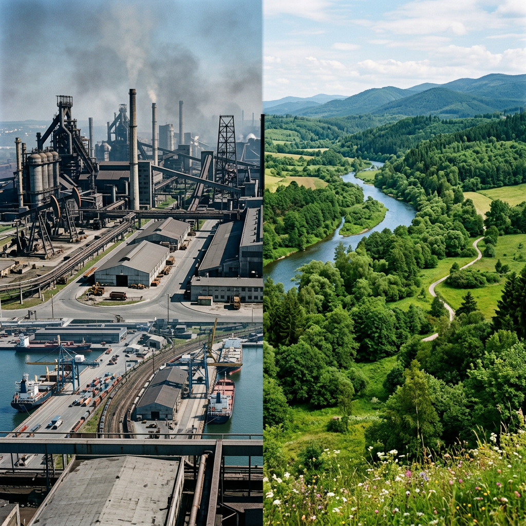 Left side shows a factory with smoke stacks emitting smoke; right side shows a green river valley with trees and hills