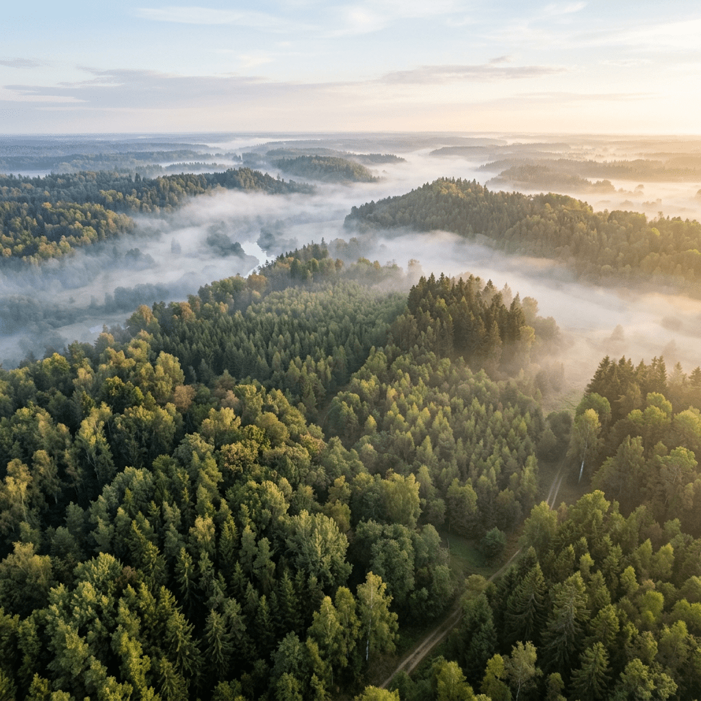 Aerial view of dense forest with mist and soft morning light
