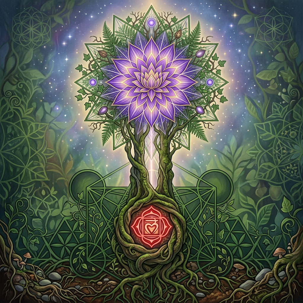 Tree with intertwined roots and branches forming a purple lotus flower and red chakra symbol surrounded by geometric patterns and cosmic background
