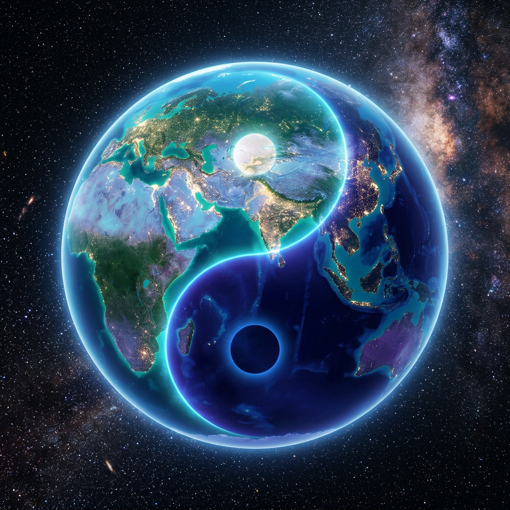 Earth with a glowing Yin Yang symbol merged into continents and oceans seen from space