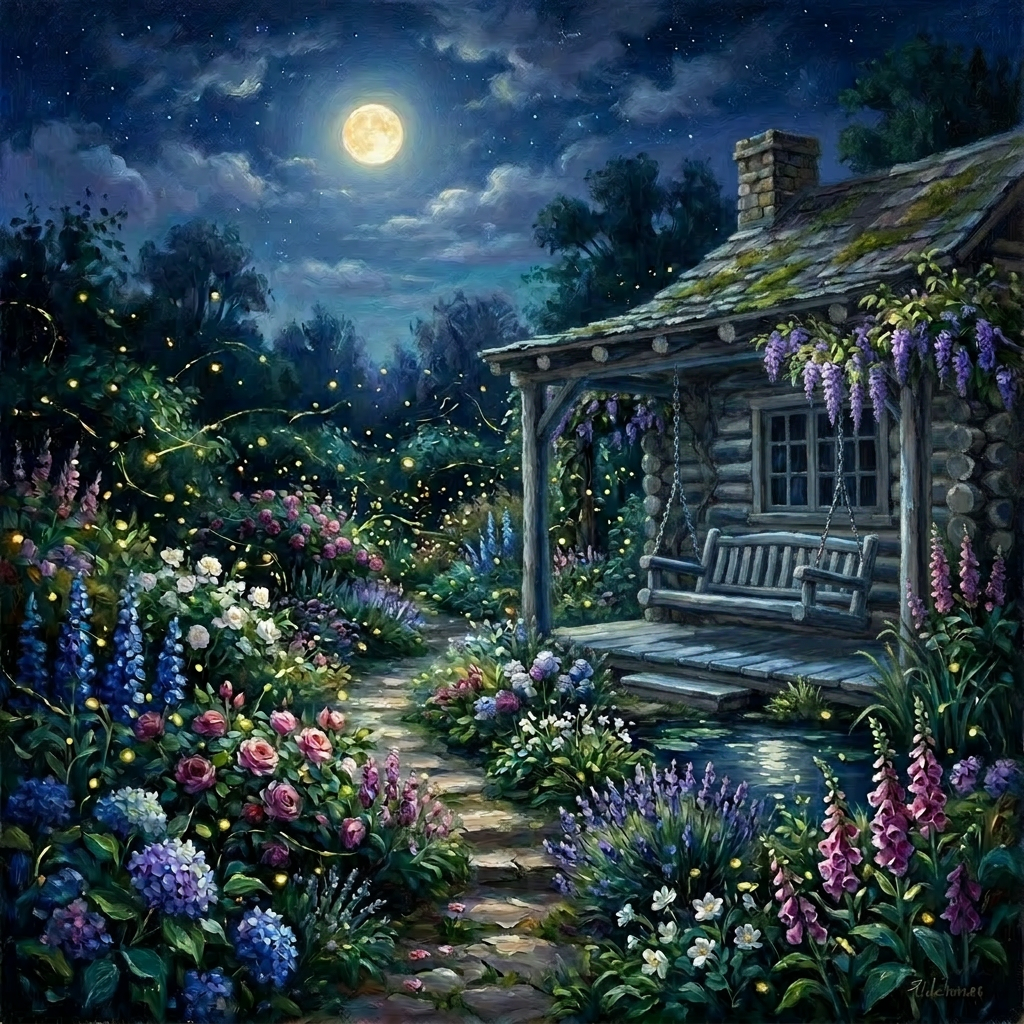 Moonlit garden path with fireflies, flowers, and a cozy cottage