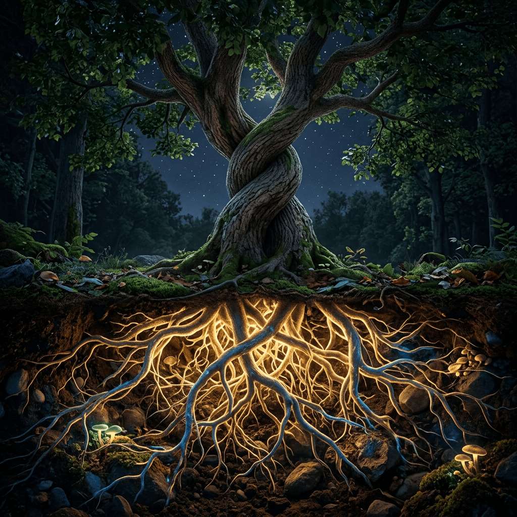 Twisted tree with glowing roots underground at night