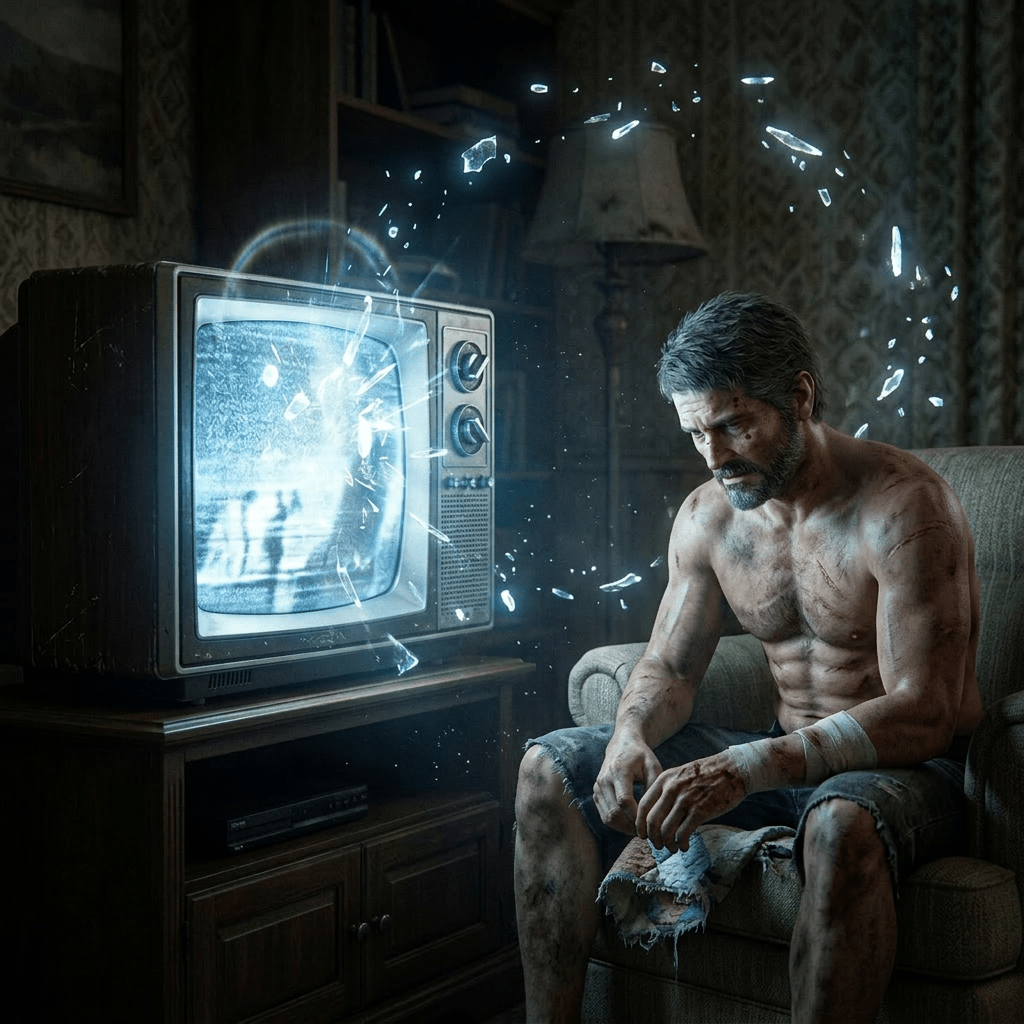 Man with bandaged arms sitting on chair next to an old TV with cracked screen showing silhouettes