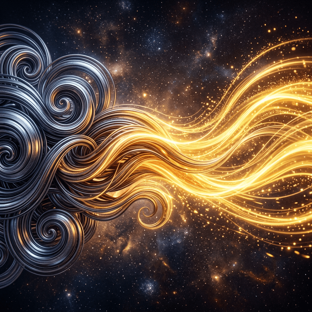 Metallic spirals transitioning into glowing golden waves against a starry background