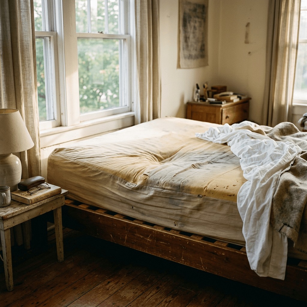 Sunlit bedroom with stained mattress on wooden bed frame and bedside table with lamp and books