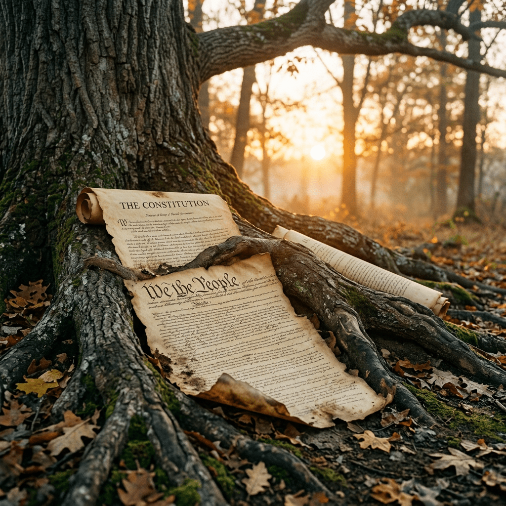 Scrolls of the U.S. Constitution on large tree roots in a forest