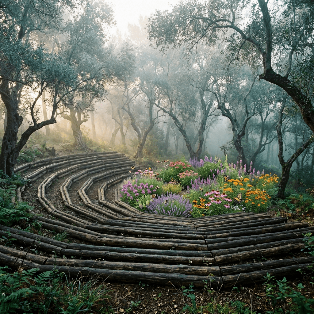 Wooden outdoor amphitheater with tiered seating surrounded by trees and fog